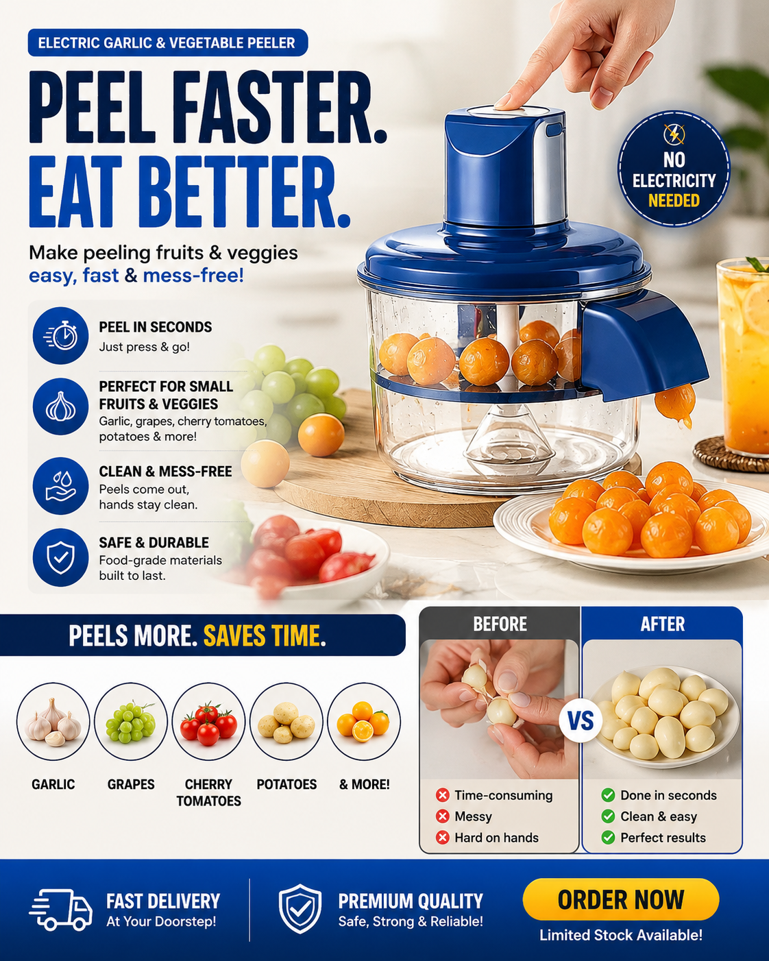 Electric Garlic & Vegetable Peeler | Automatic Peeler for Small Fruits & Veggies | Fast, Powerful, Easy to Clean & Compact