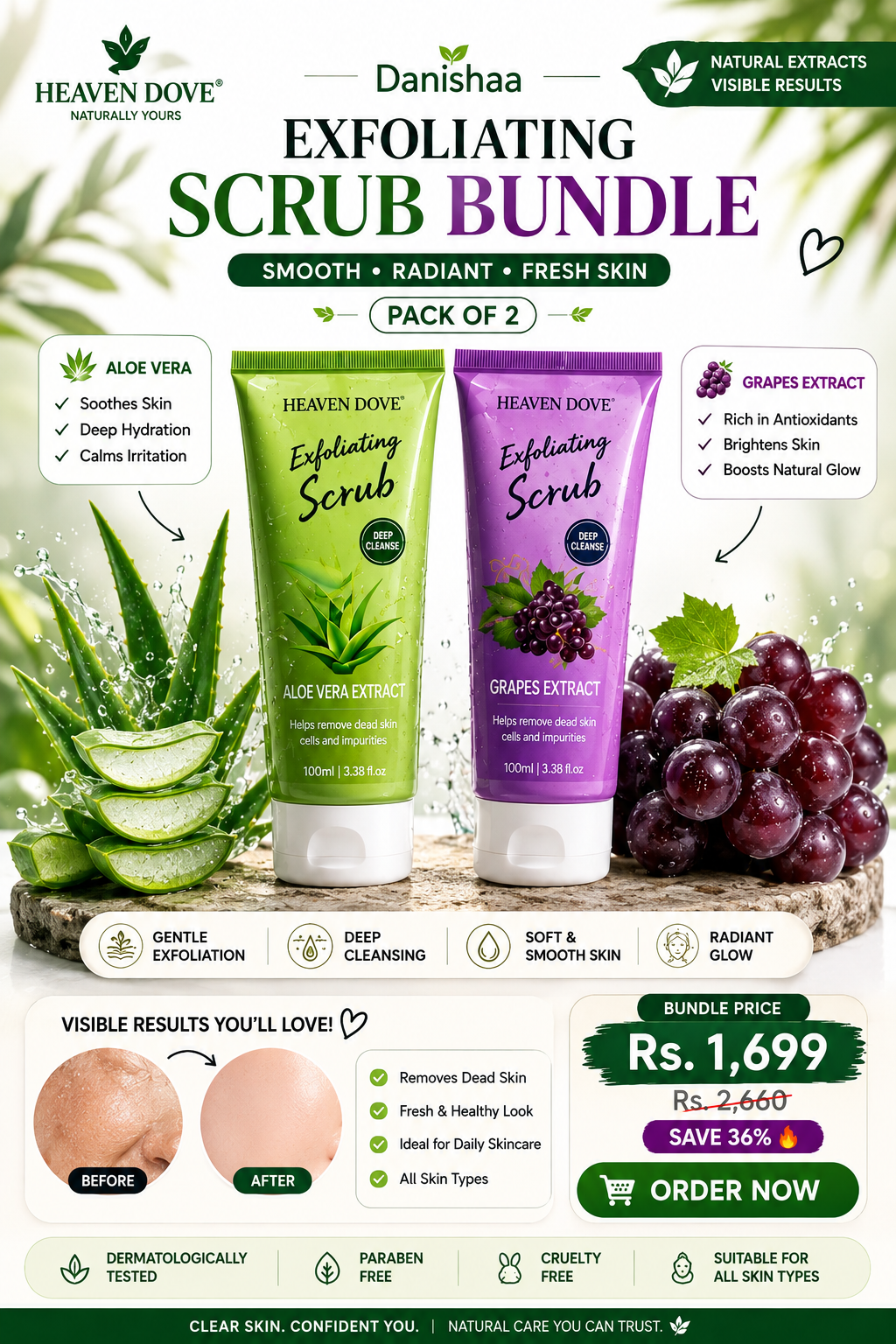 ๐ฟ Heaven Dove Exfoliating Scrub Bundle โ Aloe Vera + Grapes Extract | Pack of 2