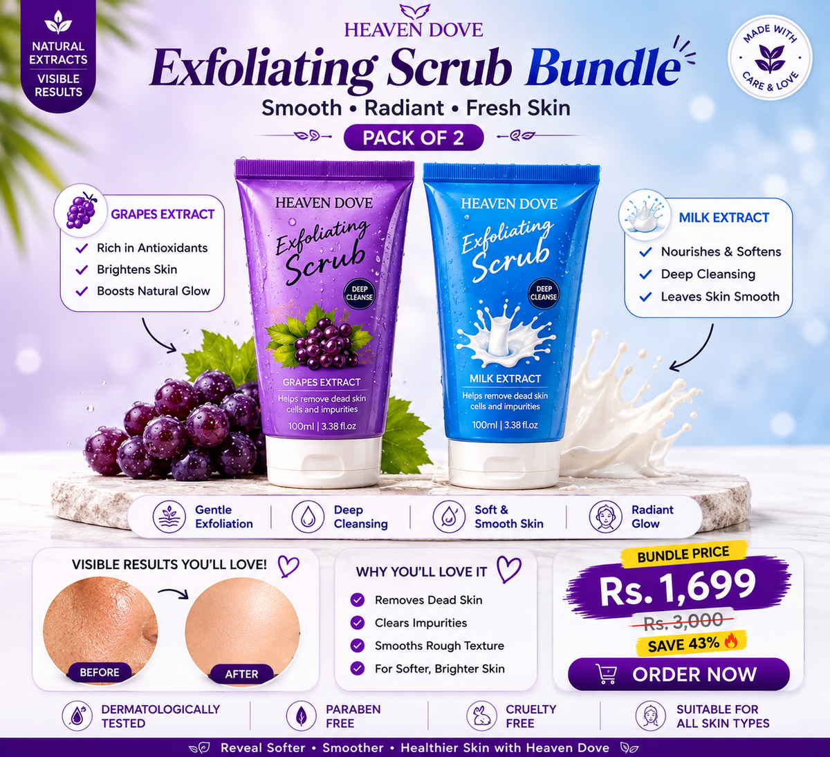 🍇 Heaven Dove Exfoliating Scrub Bundle – Grapes Extract + Milk Extract | Pack of 2